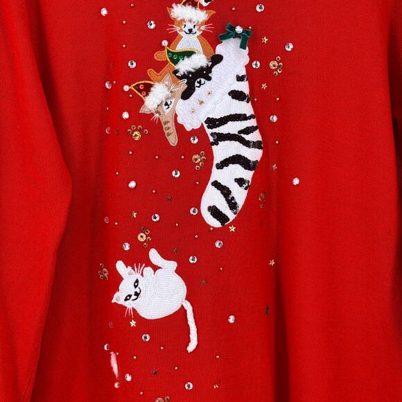 Jack B Quick Christmas Kitten Cat Sequin Embellished Sweater Womens Sz L Holiday - Picture 3 of 9
